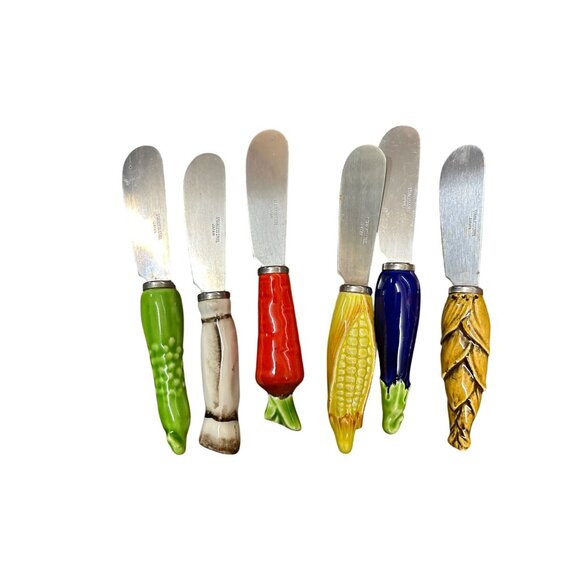 Set Of 6 Stainless Steel Cheese Spreaders W/ Hand-Painted Vegetable Handles - Picture 3 of 3
